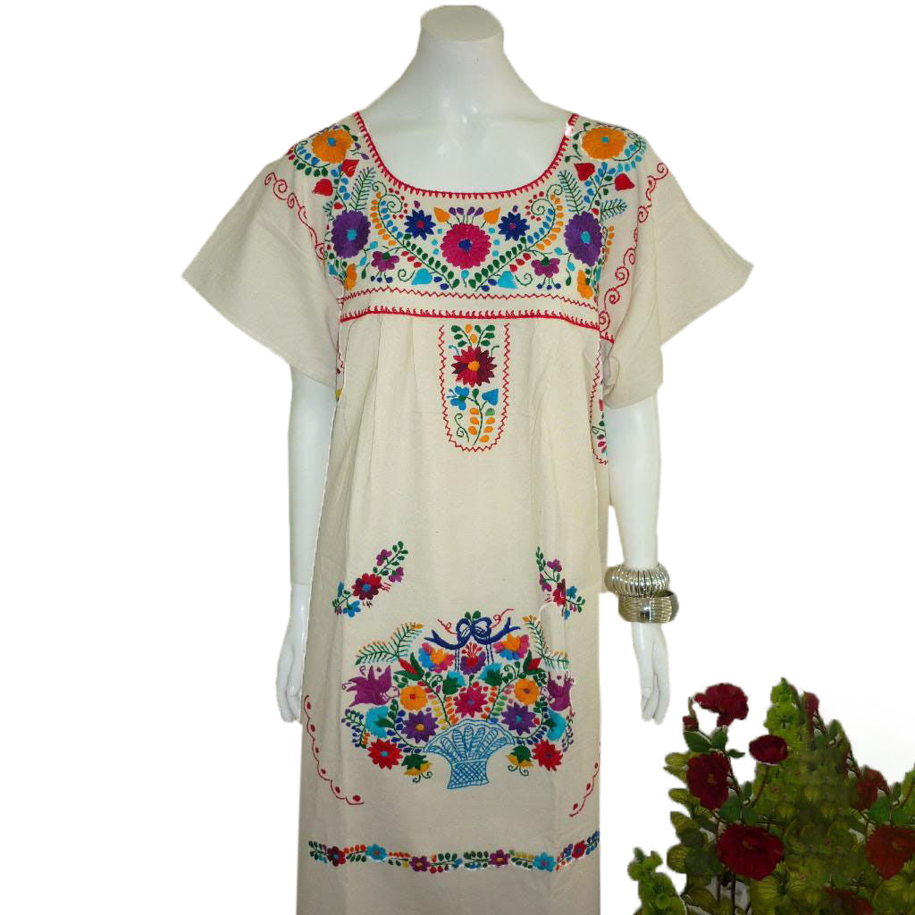 White Boho Vintage Style Hand Embroidered Tunic Mexican Dress Hippie Puebla