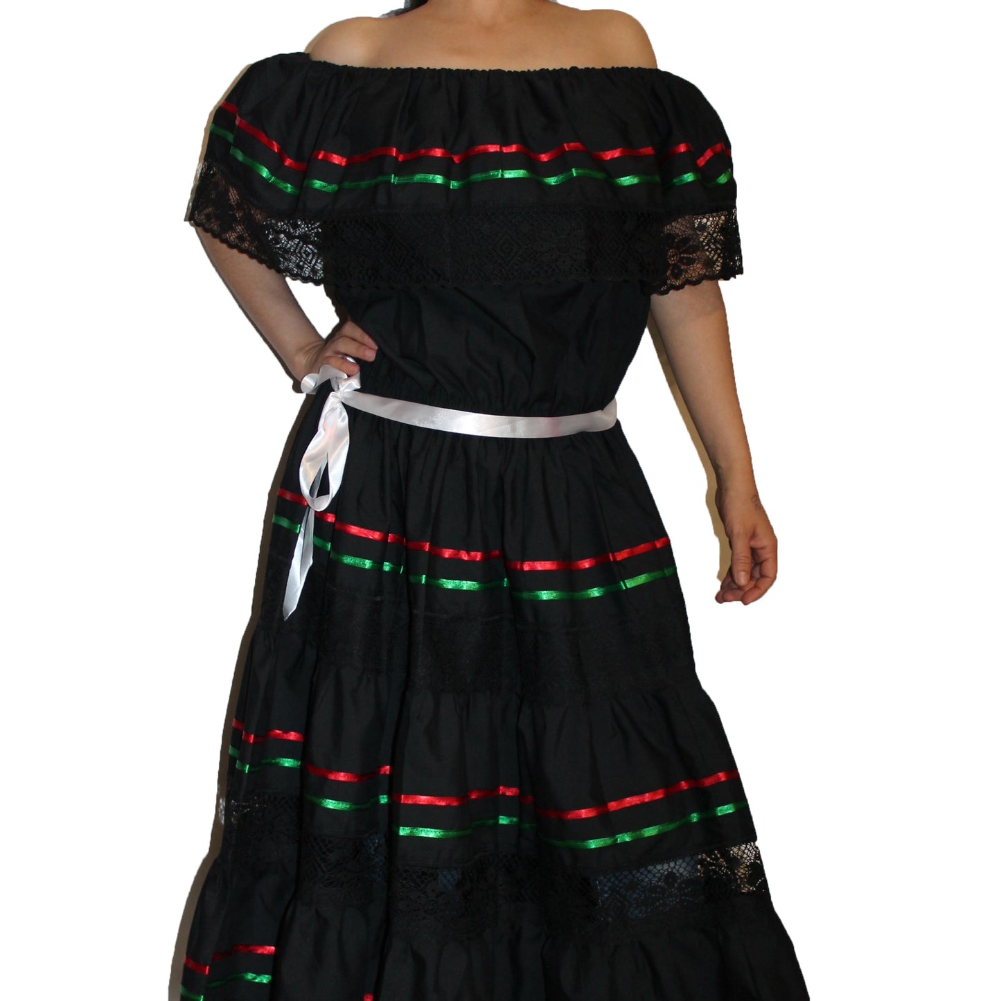 BLACK PEASANT MEXICAN LACE DRESS OFF SHOULDER CINCO DE MAYO COSTUME ONE SIZE