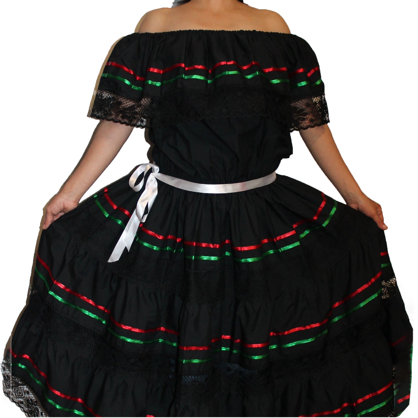 BLACK PEASANT MEXICAN LACE DRESS OFF SHOULDER CINCO DE MAYO COSTUME ONE SIZE