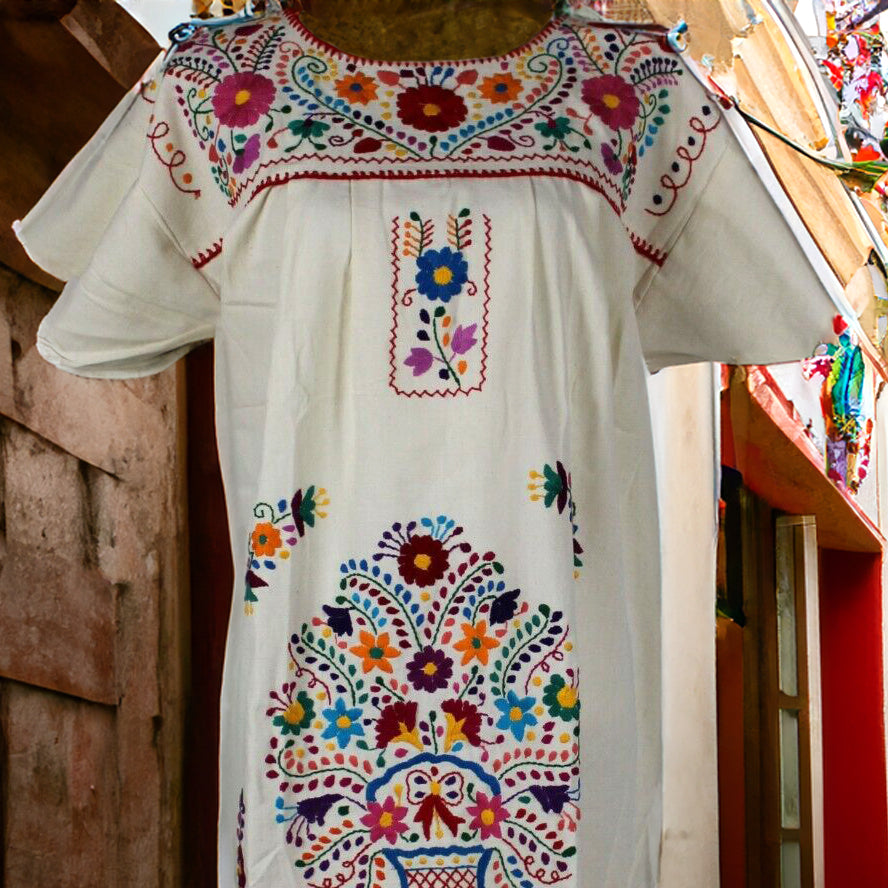 White Boho Vintage Style Hand Embroidered Tunic Mexican Dress Hippie Puebla