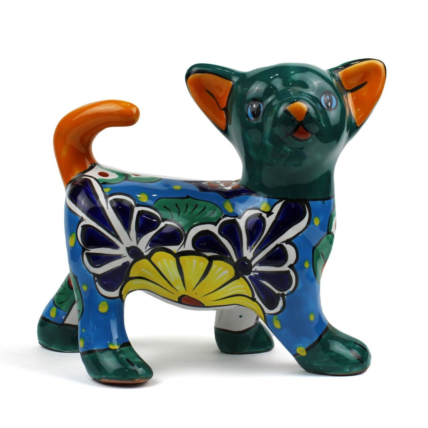 MEXICAN TALAVERA POTTERY CHIHUAHUA DOG SCULPTURE 9 x 7.5 IN HANDPAINTED