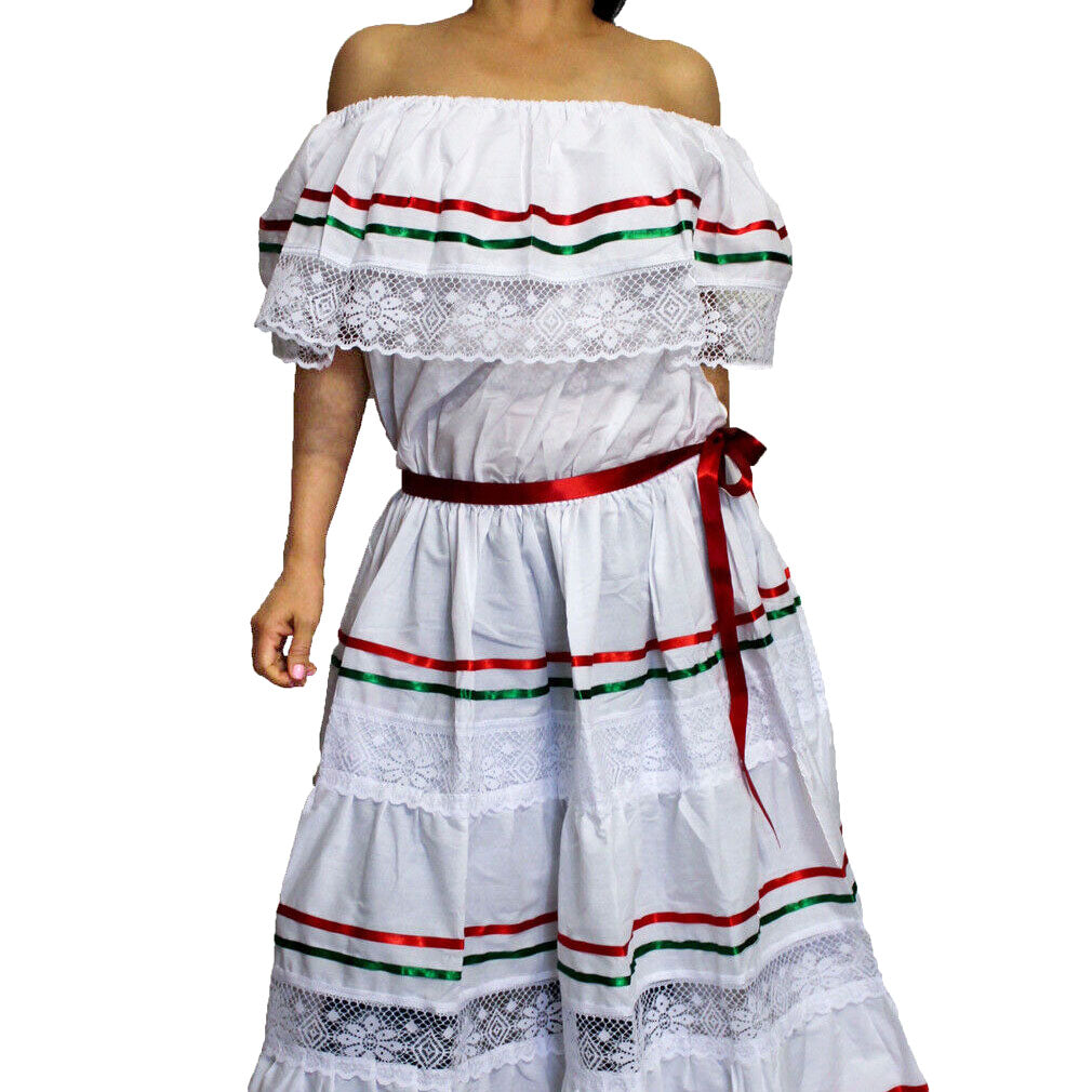 WHITE PEASANT MEXICAN LACE DRESS OFF SHOULDER CINCO DE MAYO COSTUME ONE SIZE