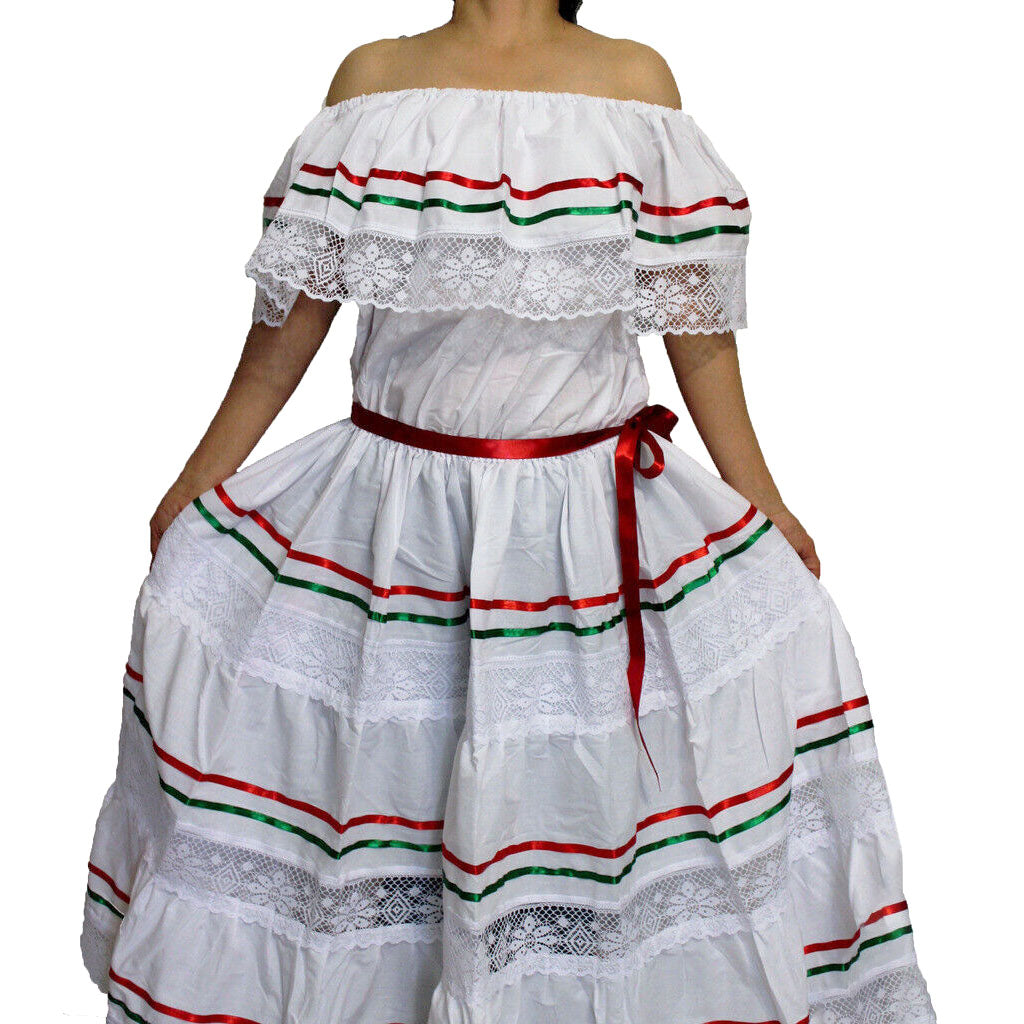 WHITE PEASANT MEXICAN LACE DRESS OFF SHOULDER CINCO DE MAYO COSTUME ONE SIZE