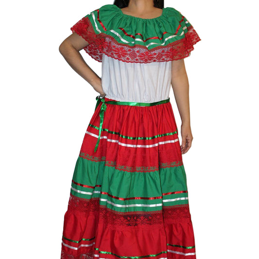 TRICOLOR WHITE PEASANT MEXICAN LACE DRESS OFF SHOULDER CINCO DE MAYO COSTUME ONE SIZE