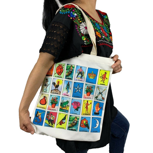 LOTERIA FABRIC TOTE REUSABLE SHOPPING BEACH BAG MEXICAN MARKET GROCERY