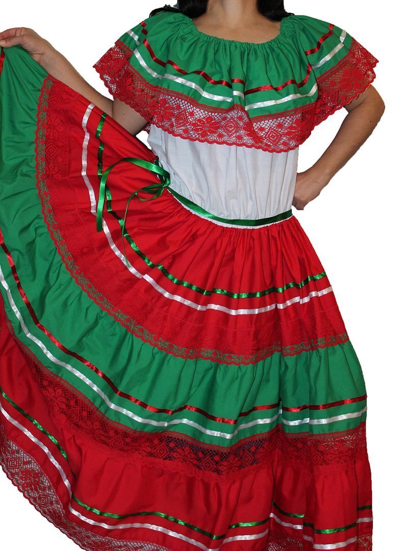 TRICOLOR WHITE PEASANT MEXICAN LACE DRESS OFF SHOULDER CINCO DE MAYO COSTUME ONE SIZE