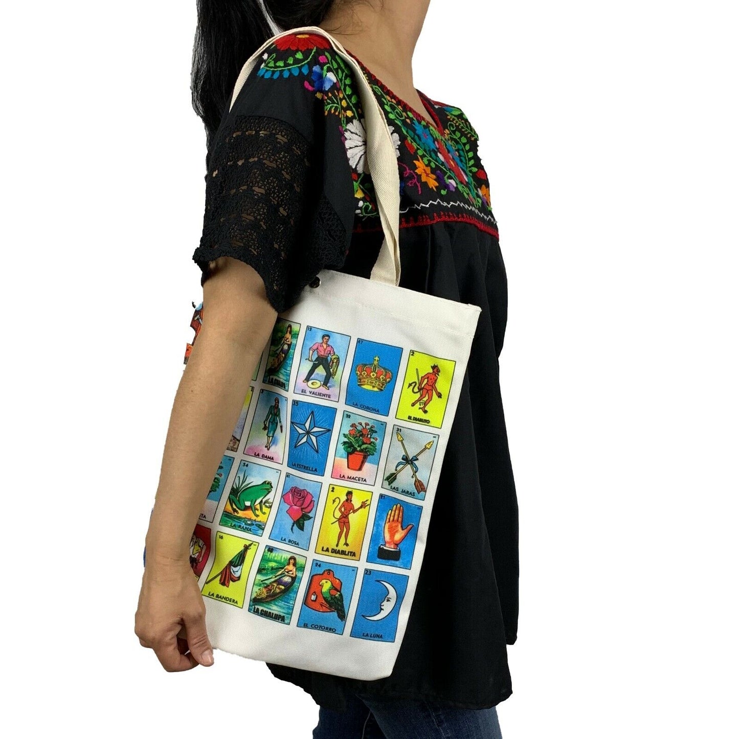 LOTERIA FABRIC TOTE REUSABLE SHOPPING BEACH BAG MEXICAN MARKET GROCERY