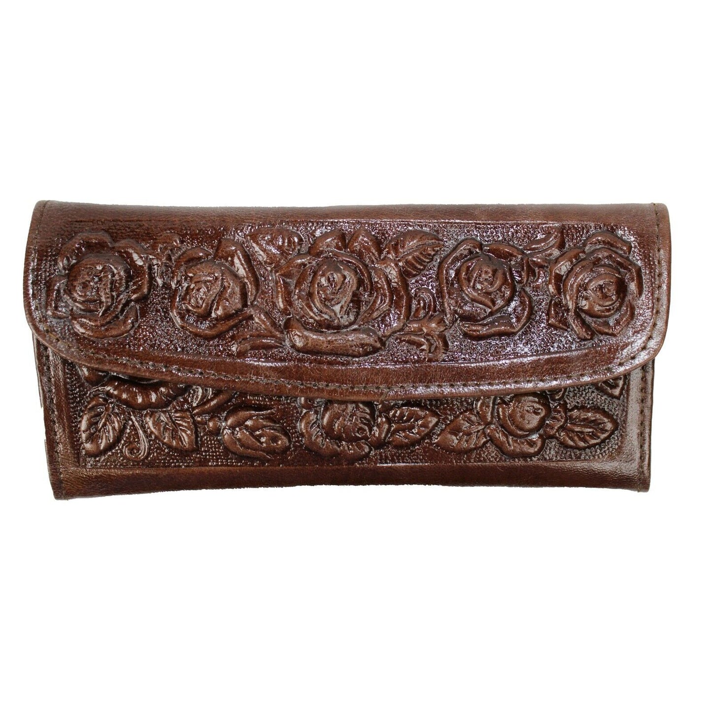 Genuine Women's Leather Handtooled Wallet Western Cowgirl Tri-Fold Wallet Brown