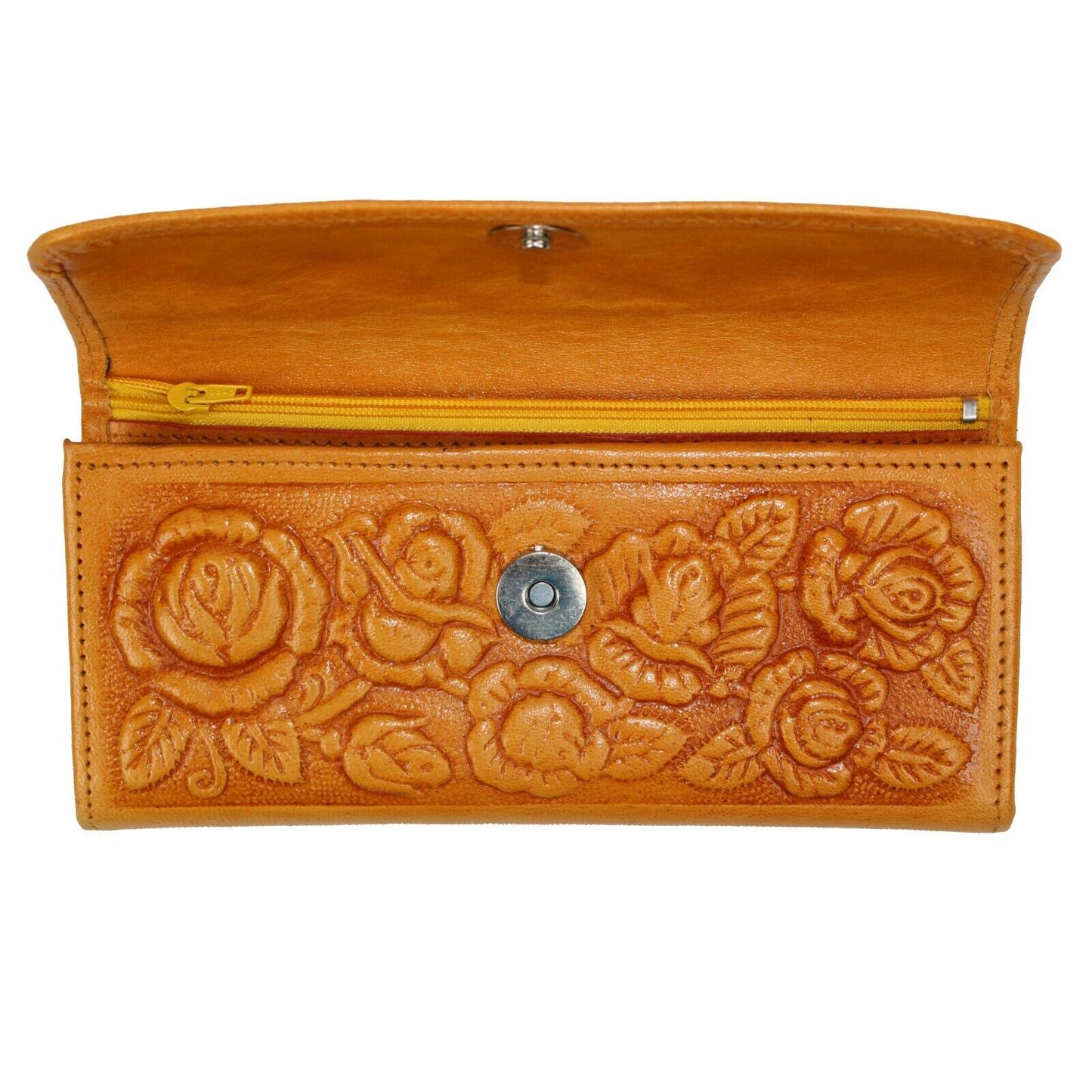 Genuine Women's Leather Handtooled Wallet Western Cowgirl Tri-Fold Wallet Honey