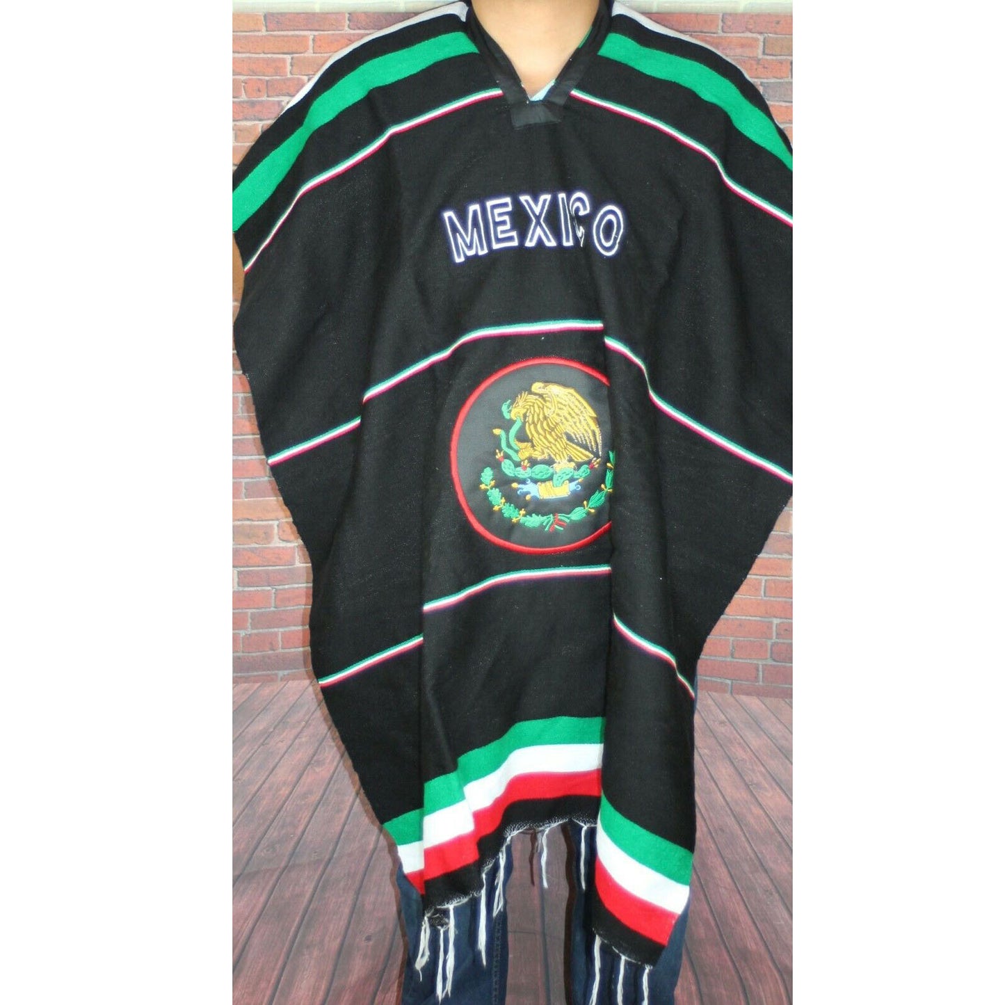 Warm Mexican Flag Mexican Poncho Gaban Heavy Blanket Cape Ruana One Size