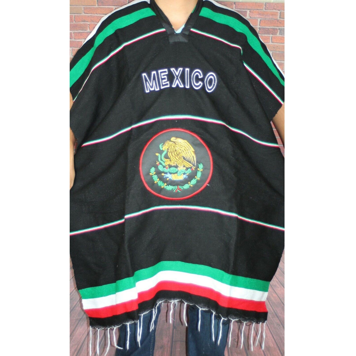 Warm Mexican Flag Mexican Poncho Gaban Heavy Blanket Cape Ruana One Size