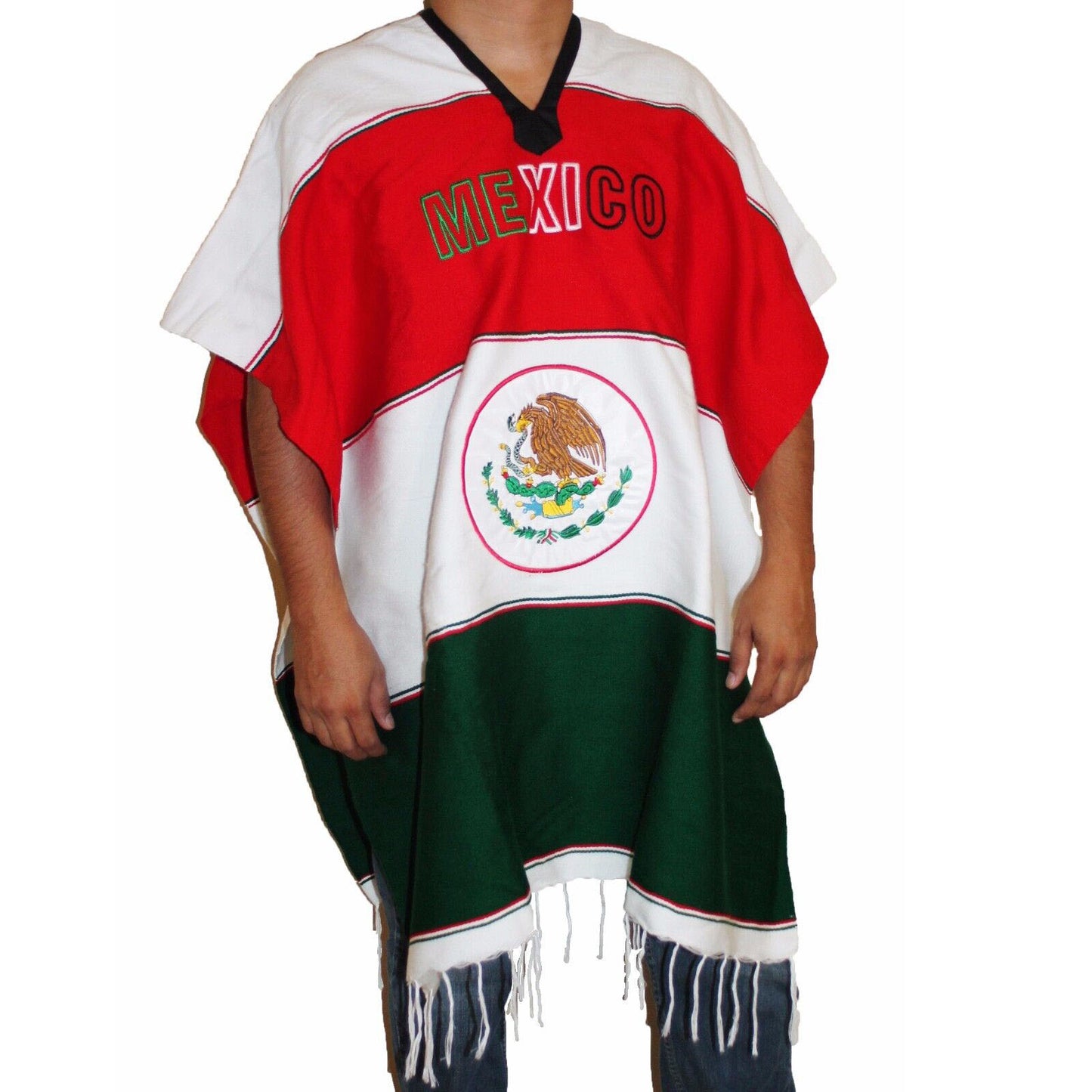 Warm Mexican Flag Mexican Poncho Gaban Heavy Blanket Cape Ruana One Size